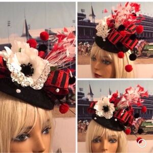 Black, Red & White Derby Fascinator Hat with Floral and Pom Accents